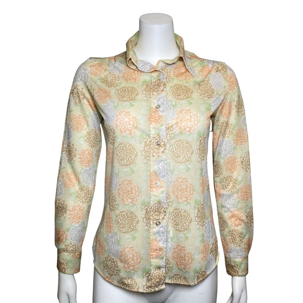 Vintage 70s Floral Button Down Blouse Shirt Womens Size 7 Polyester Maggie Sweet
